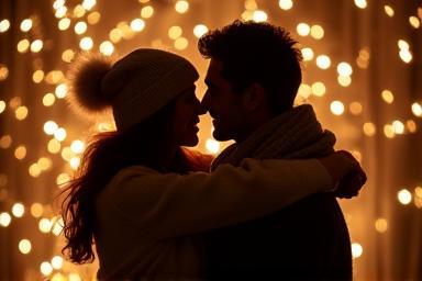 Romantic couple embracing under festive lights during a holiday photoshoot in Paris