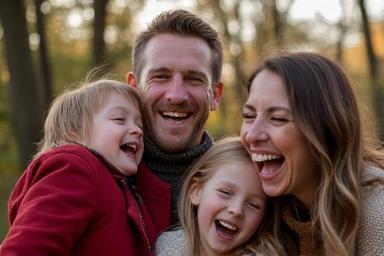 Joyful family laughing together during an outdoor holiday photo session in Paris